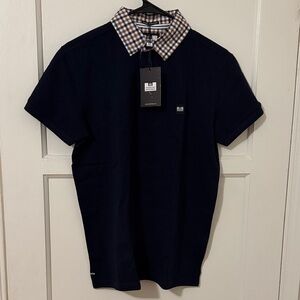 Weekend Offender Men's Navy Polo Shirt with Checkered Collar
